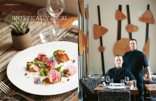 Tear-sheet from Voyager Magazine showing food photography and chef portrait