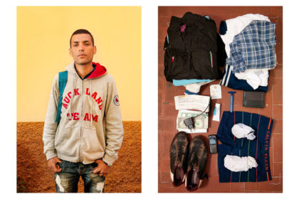 Diptych of a Tunisian man (left) and piles of his clothes and posessions on the floor (right)