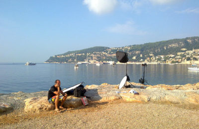 Behind the scenes of the freediver photo shoot, showing lighting set-up