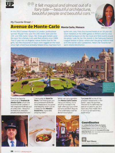 Page layout from Delta Airline's Sky Magazine (May 2013) showing "My Favourite Street: L'Avenue de Monte Carlo"