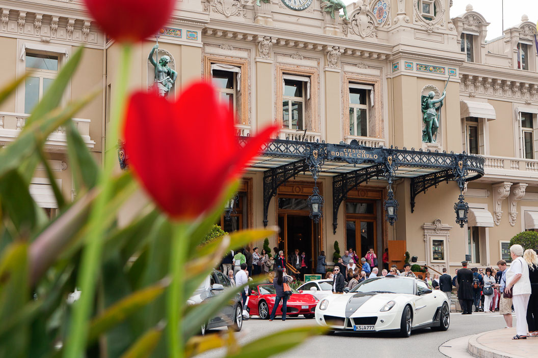 Photo of the Monte Carlo Casino main entrance shot through red tulips