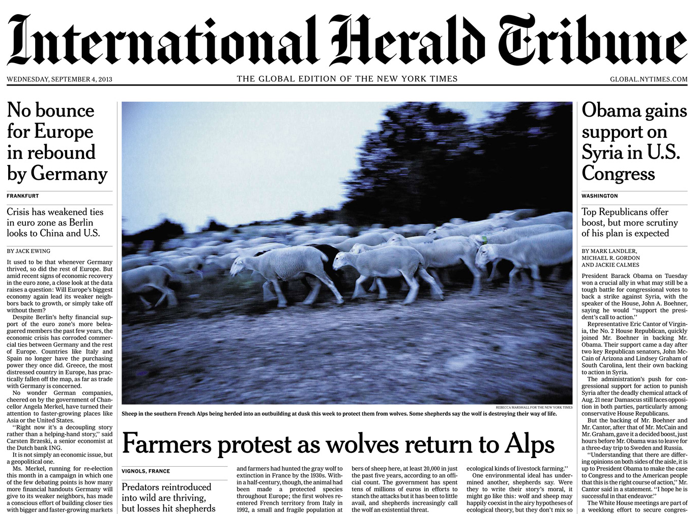 Front cover of the International Herald Tribune 04 Sep 2013 showing article and flock of sheep at dusk