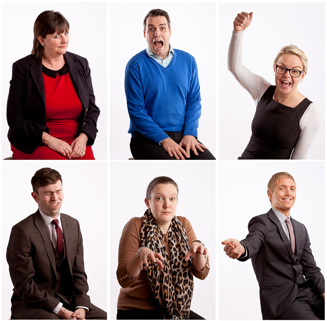 Montage of 6 studio portraits on a white background