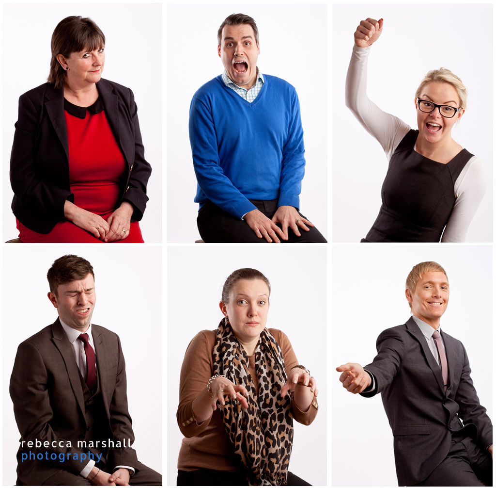 Outtakes: a grid of six portraits of Endsleigh Insurance employees, displaying a fairly wide range of expressions
