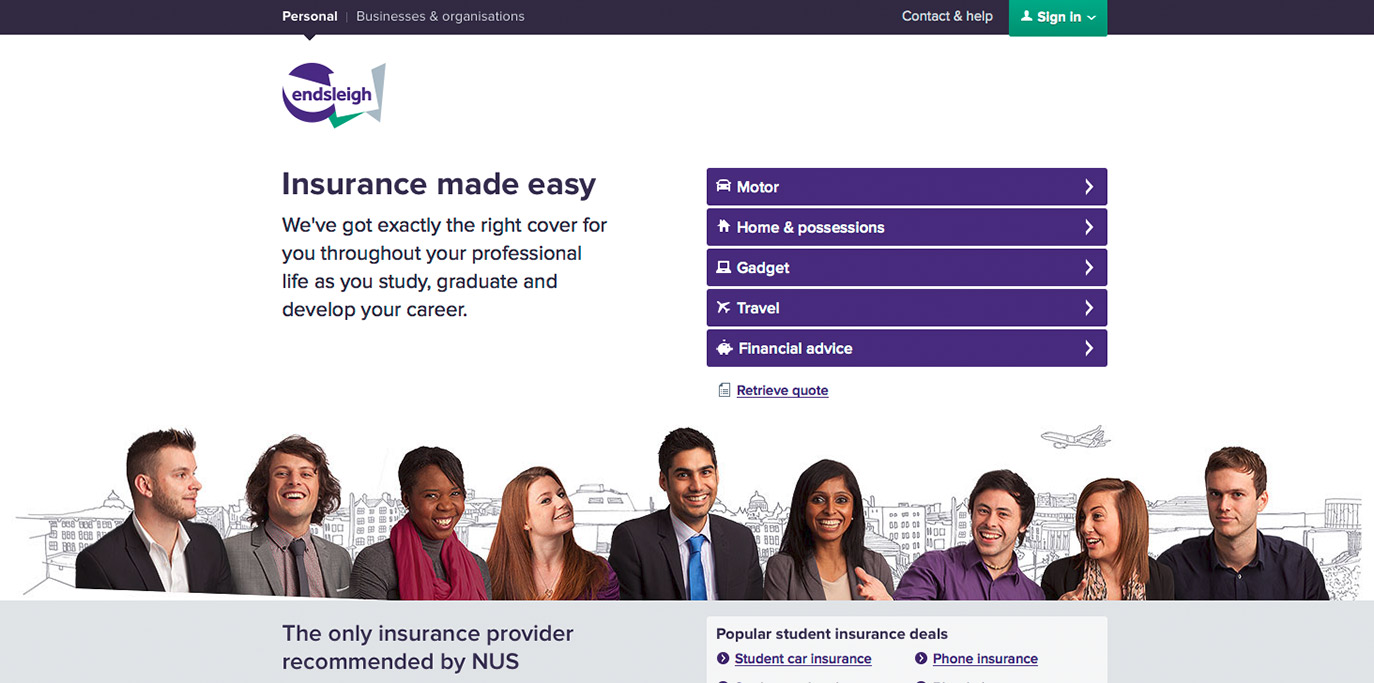 Screenshot of part of the homepage of Endsleigh Insurance's website, showing a banner of composited portraits of employees