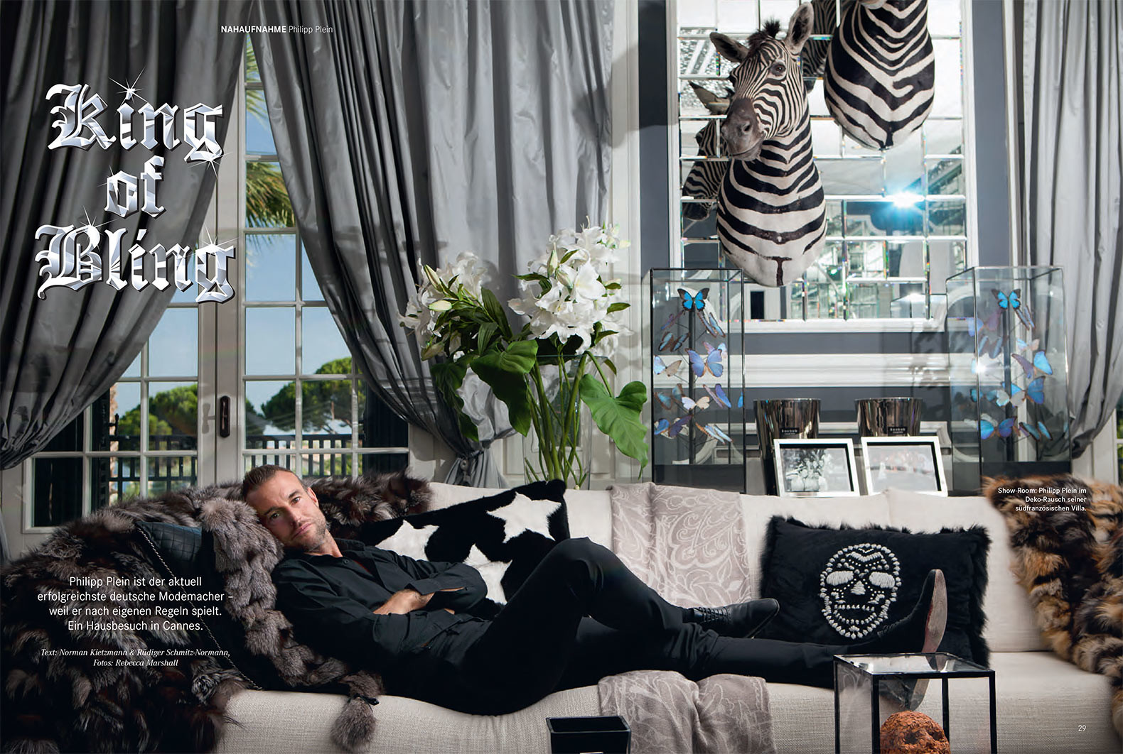 Tearsheet of page layout of Handelsblatt magazine showing double page portrait of Philipp Plein lying on a couch