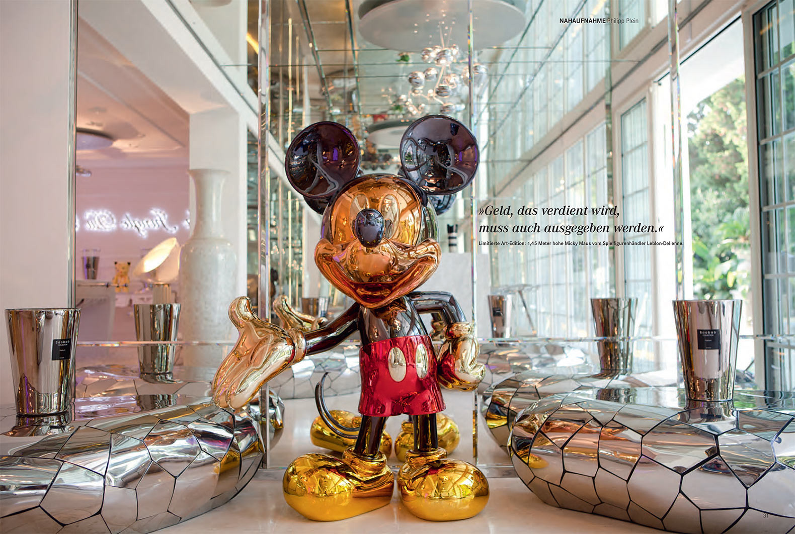 Tearsheet of page layout of Handelsblatt magazine showing double page photograph of statue of Mickey Mouse inside the villa of Philipp Plein