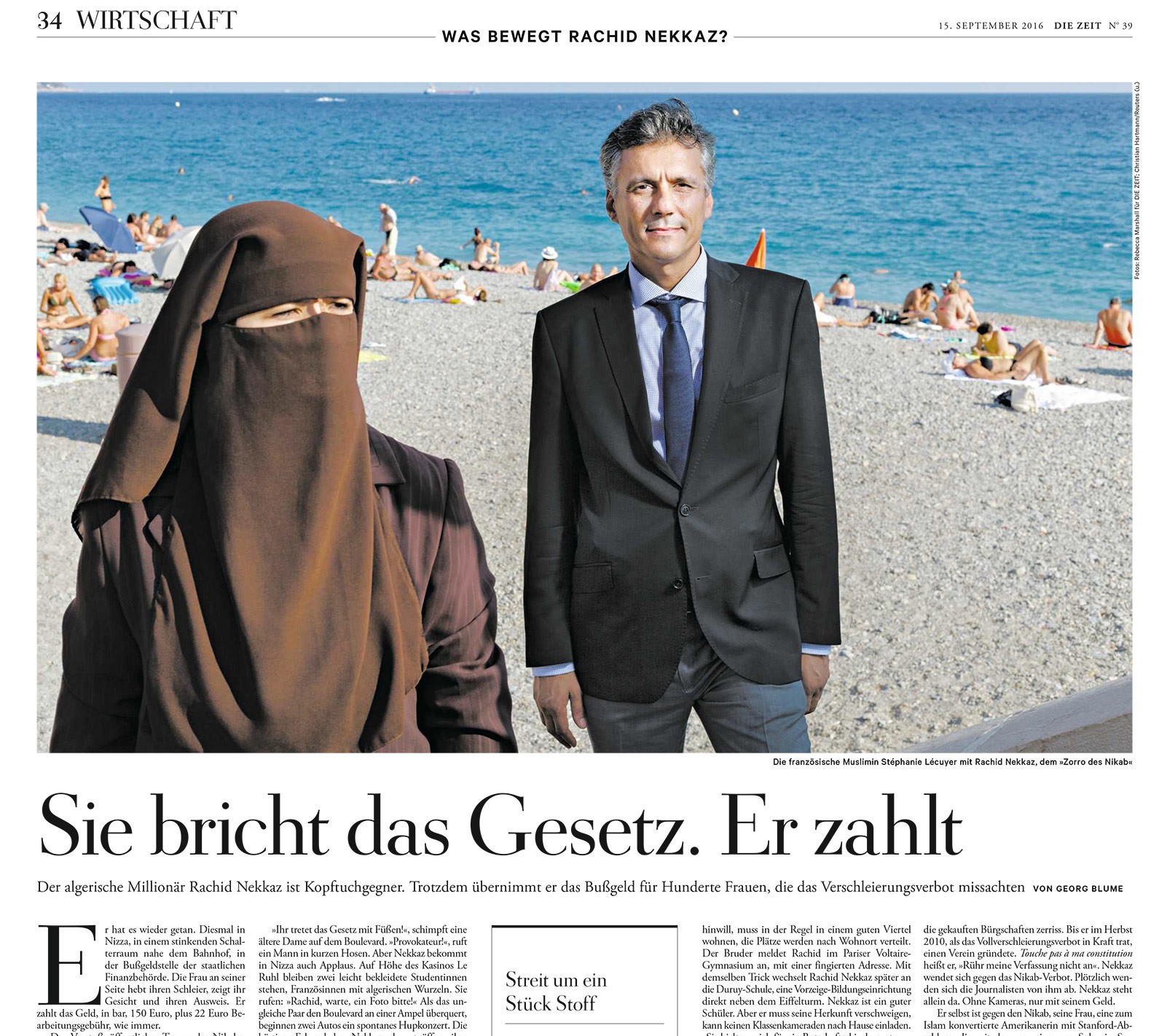 Part of newspaper page from Die Zeit showing portrait of woman in burqa and man in suit