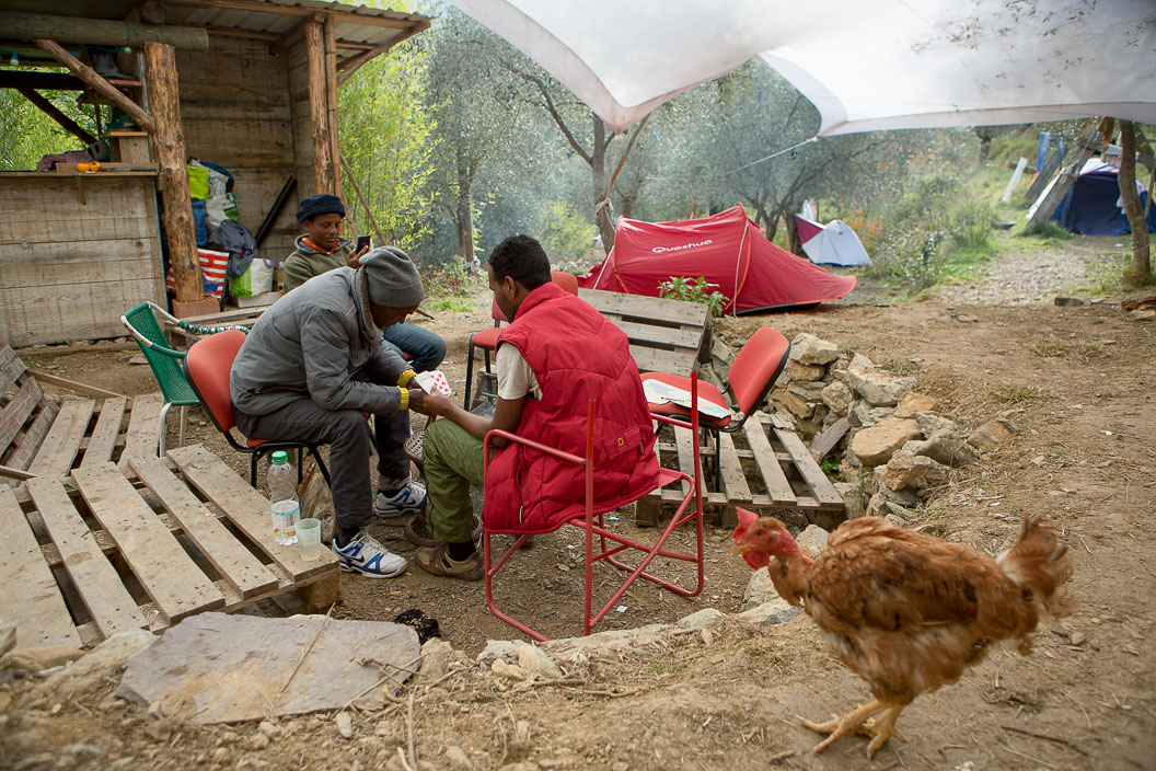 3 men of African origin play cards around a campfire in the daytime