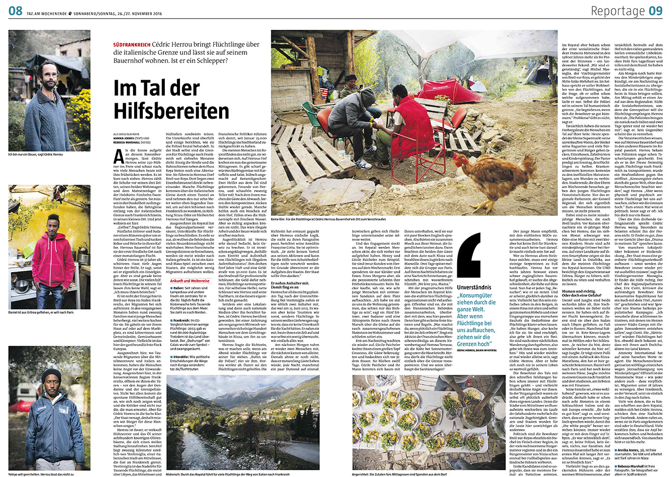 Tearsheet showing text and 6 photographs on pages 8-9 of Taz am Wochenende weekend newspaper