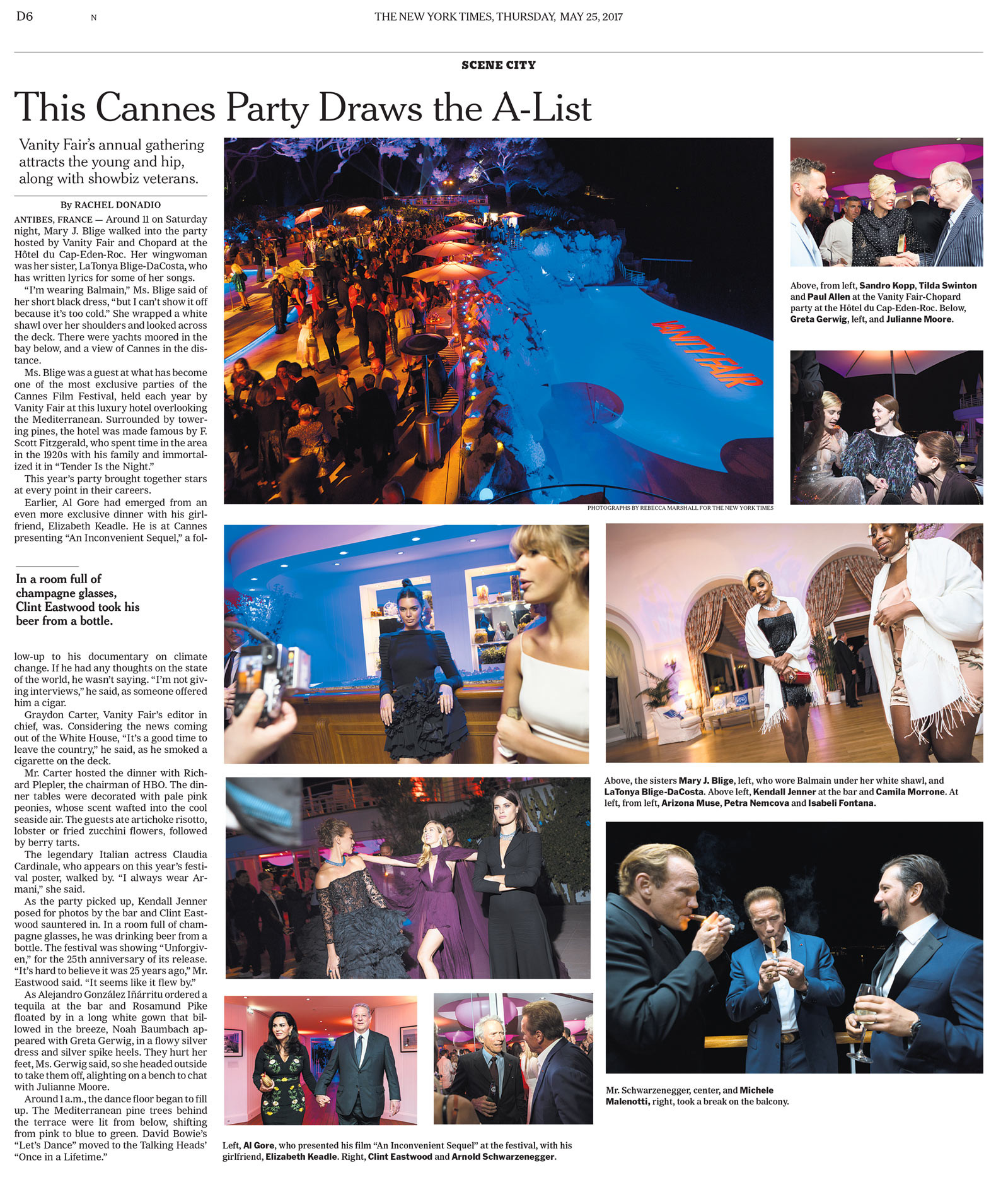 Page from the New York Times newspaper showing a mix of party photos and text
