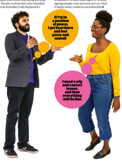 Montage of photographs of Nish Kumar and Reni Eddo-Lodge in discussion against white background