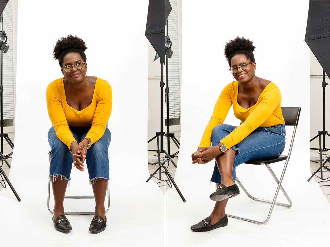 Diptych 2 photographs of a black woman sitting in a photo studio wearing a yellow top