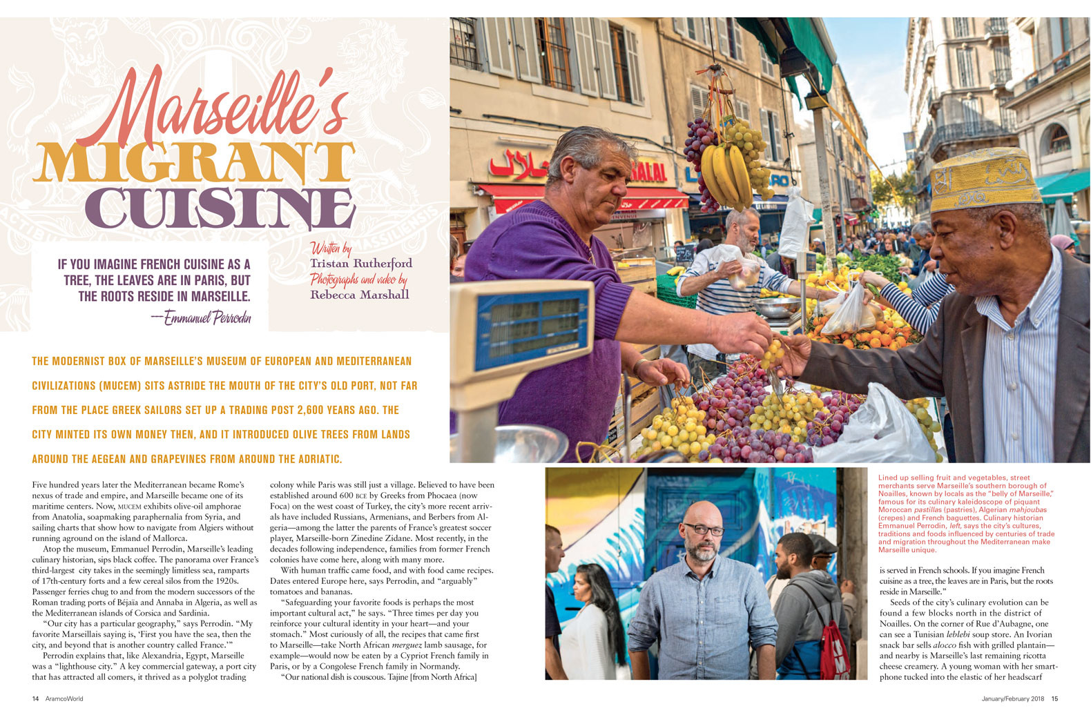 Leading double page layout of article in Aramco World magazine, showing photographs of a food market in Marseille, a portrait, and text