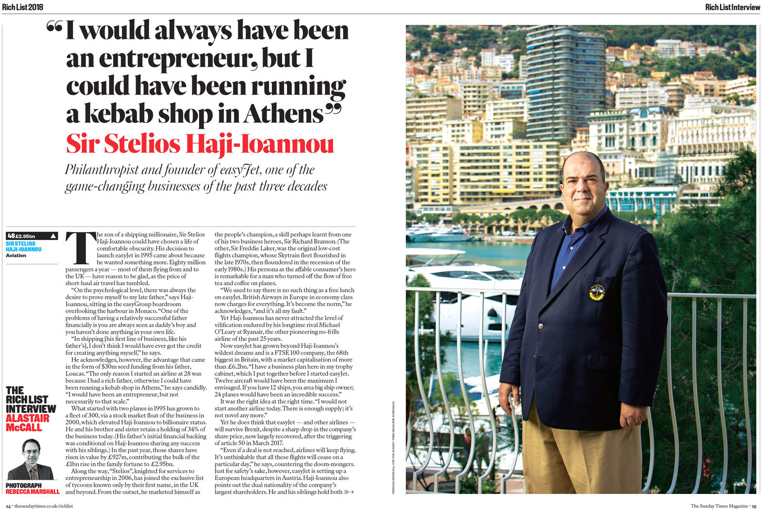 Double page spread of Sunday Times Magazine showing portrait of Stelios Haji-Ioannou standing above Monaco harbour on the right