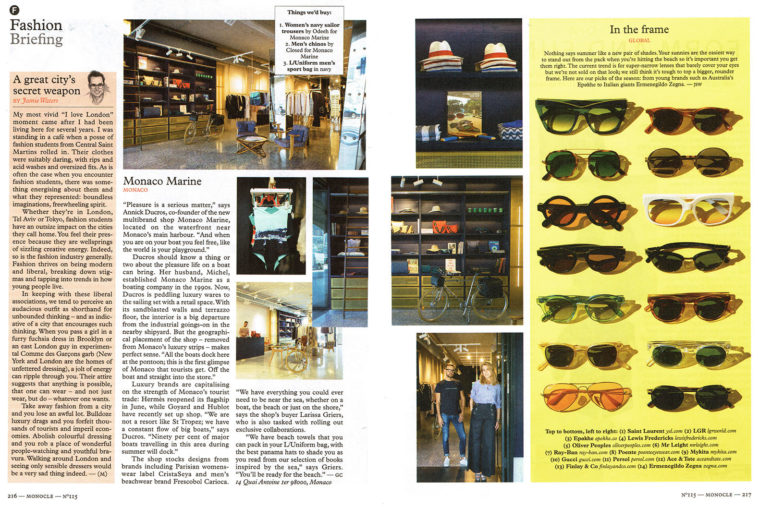 Double page spread from Monocle Magazine showing feature on Monaco Marine Merci La Mer boutique, with several photographs