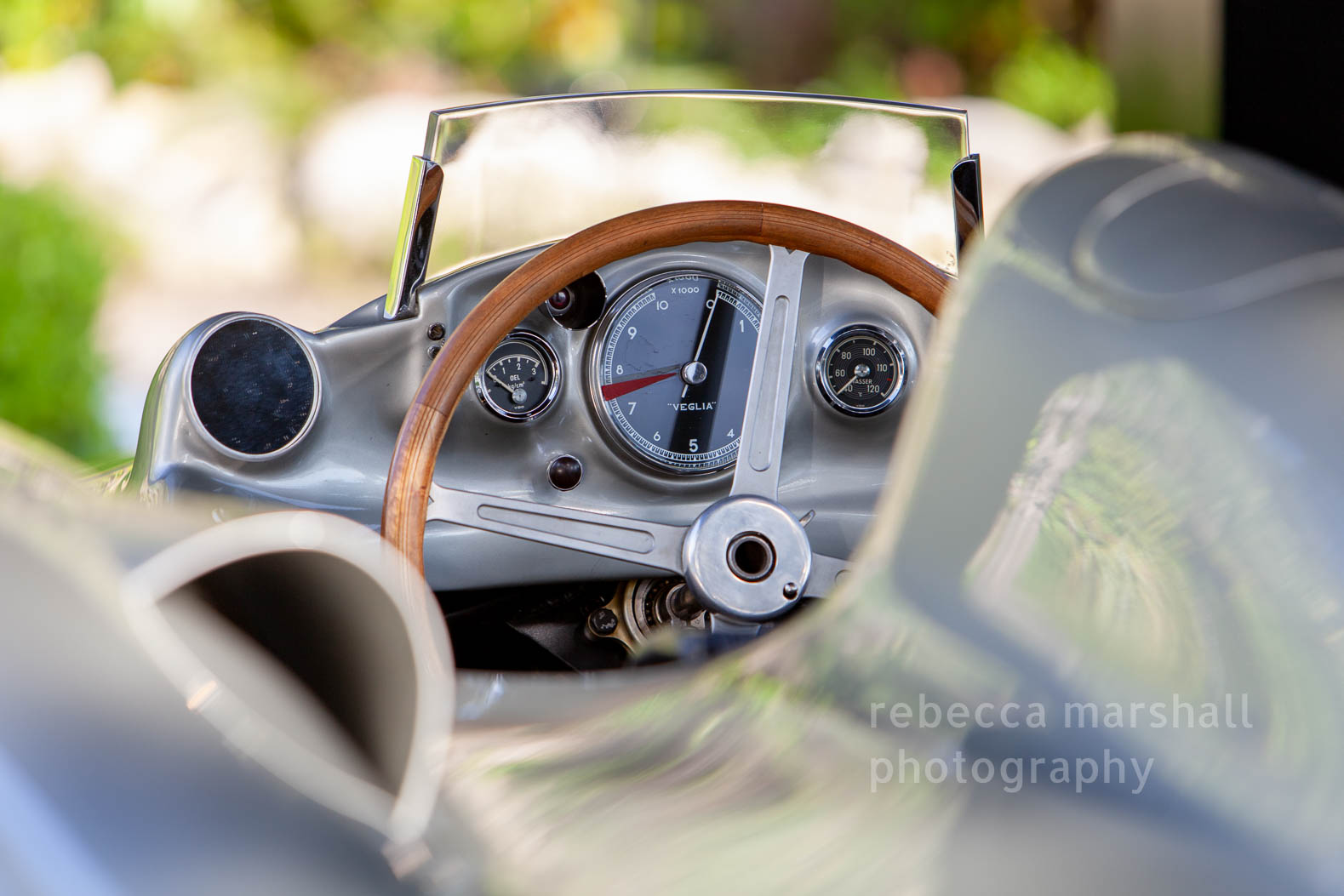 Close-up photograph of the dashboard of a vintage racing car