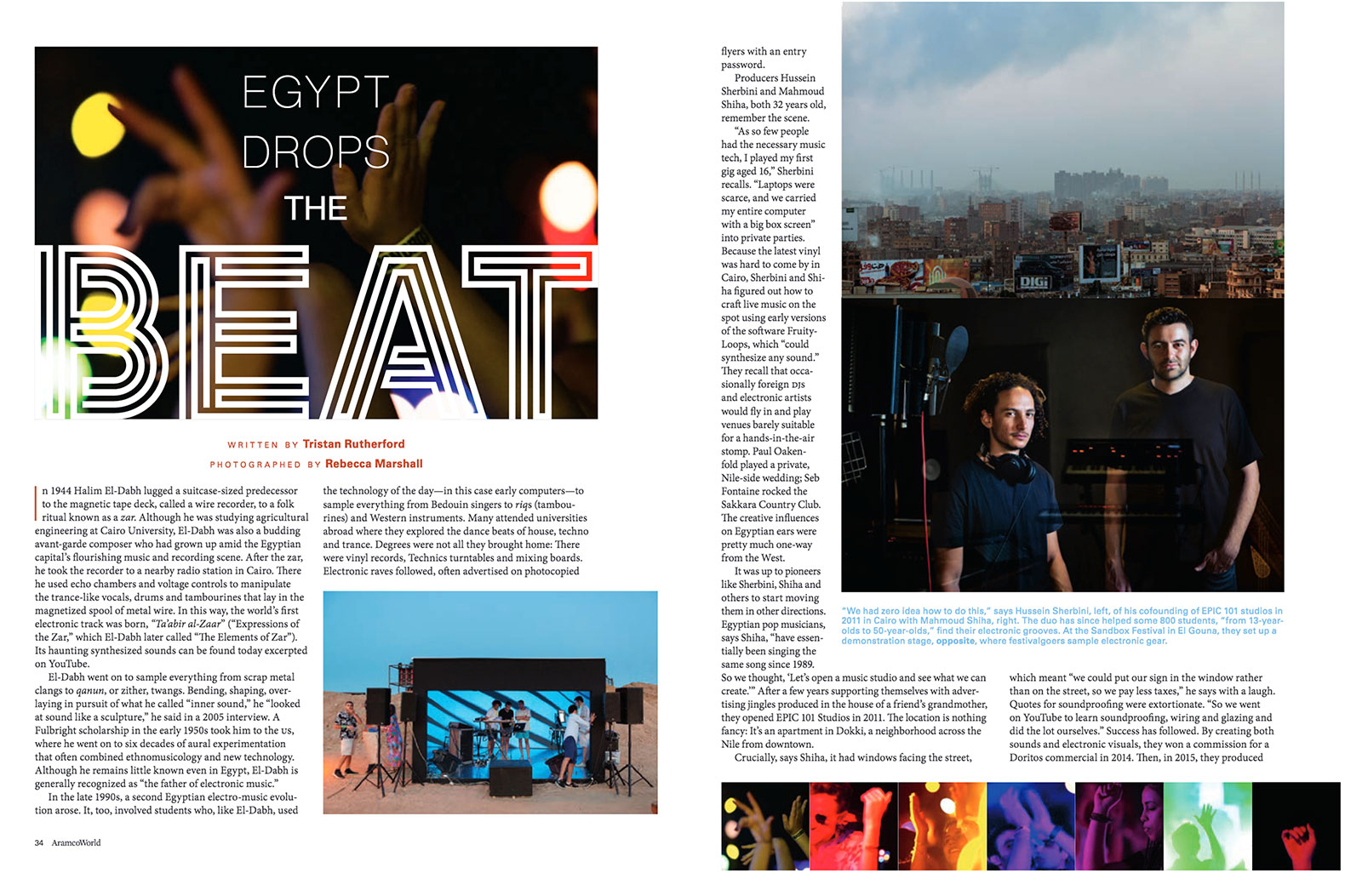 Double-page magazine spread showing text and several photographs, a portait, cityscape and dance festival photographs in Egypt