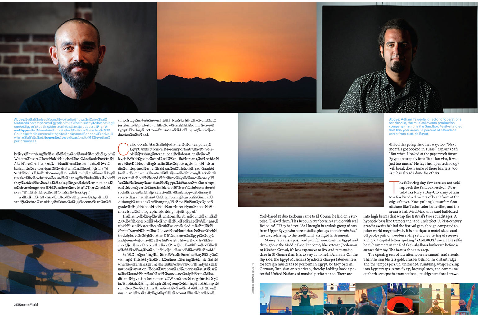 Double-page magazine spread showing text and several photographs, portaits and landscapes in Egypt
