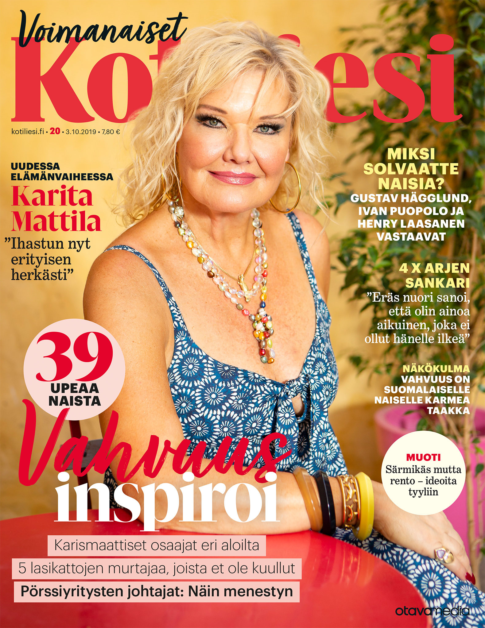Page layout of cover of Kotiliesi, Finnish women's magazine, showing portrait of Karita Mattilia