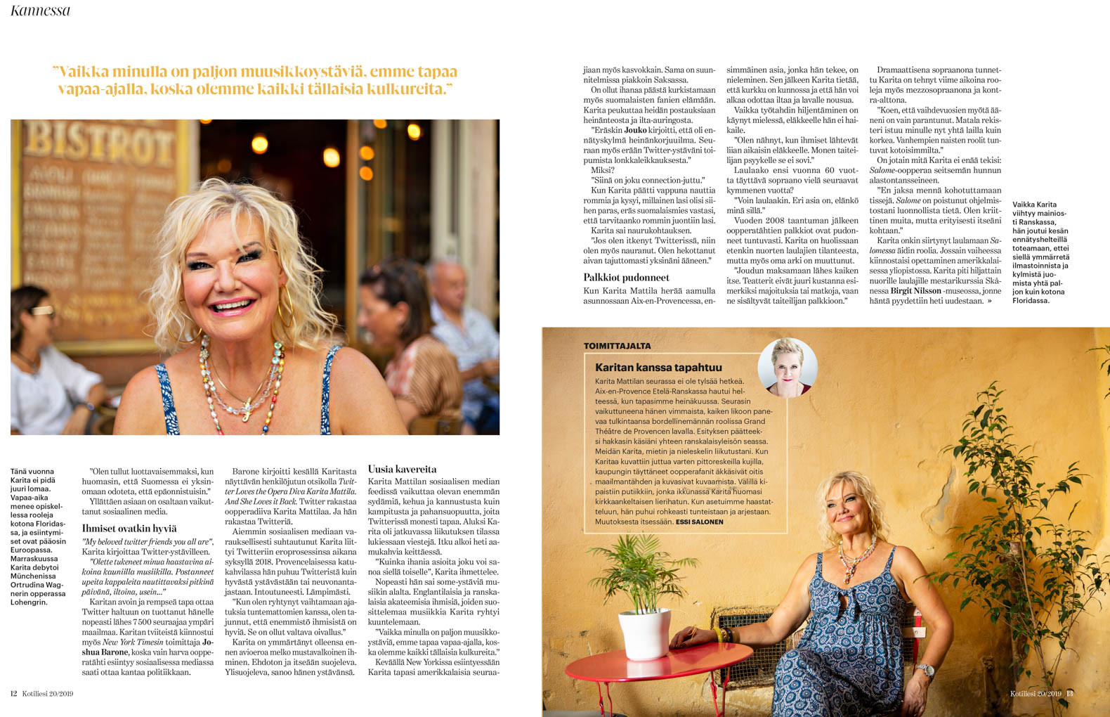 Double-page magazine spread showing text and 2 photographs of Karita Mattila