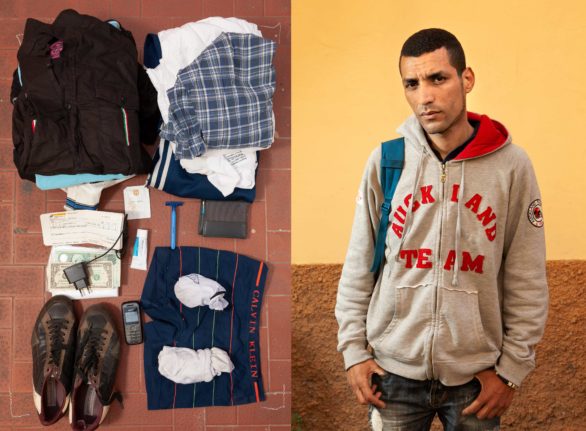 Diptych of two photographs: a portrait of a man standing in front of a yellow wall and a picture of a few personal posessions, clothes, shoes, a razor, phone and a charger, on the ground