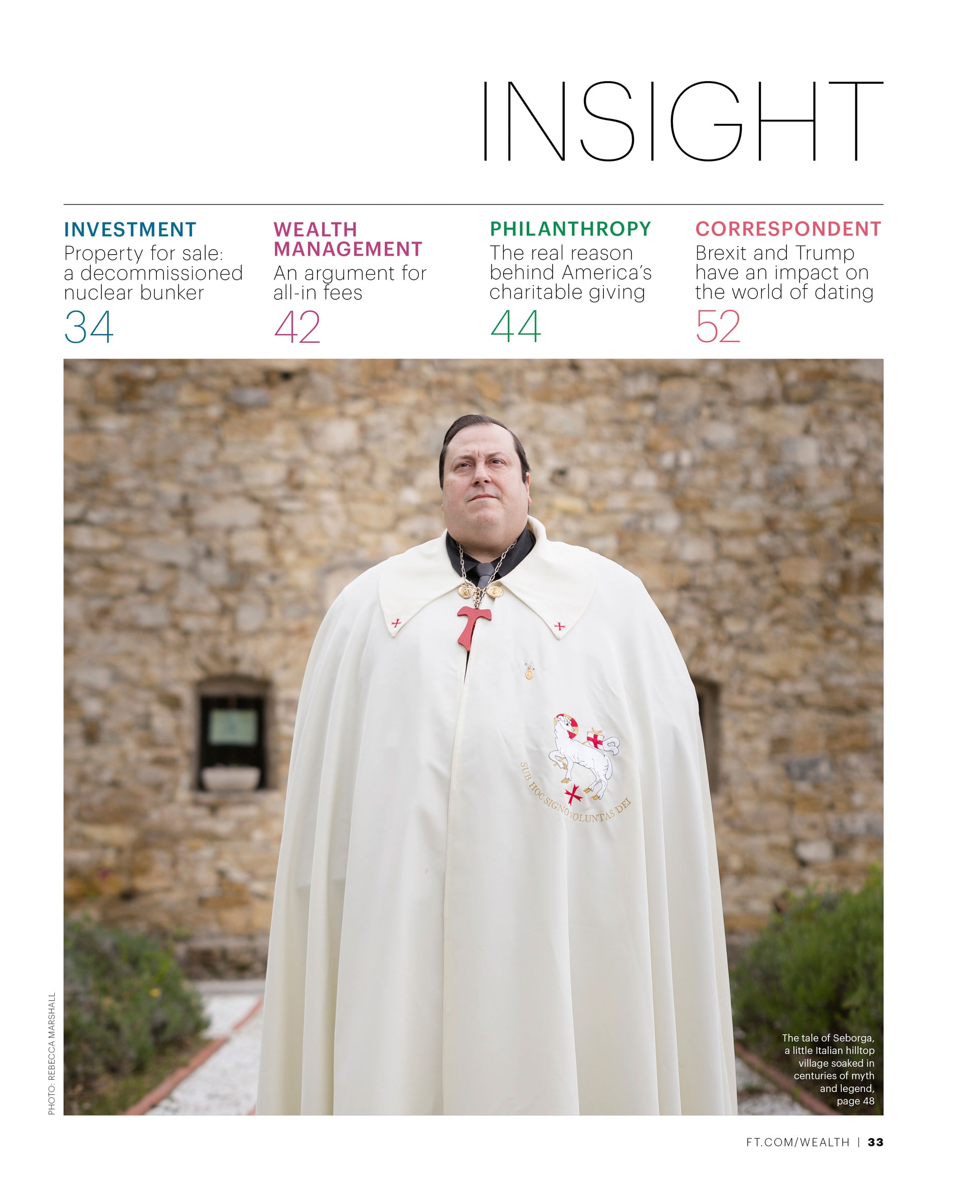 Magazine cover showing a portrait of a man standing in white robes