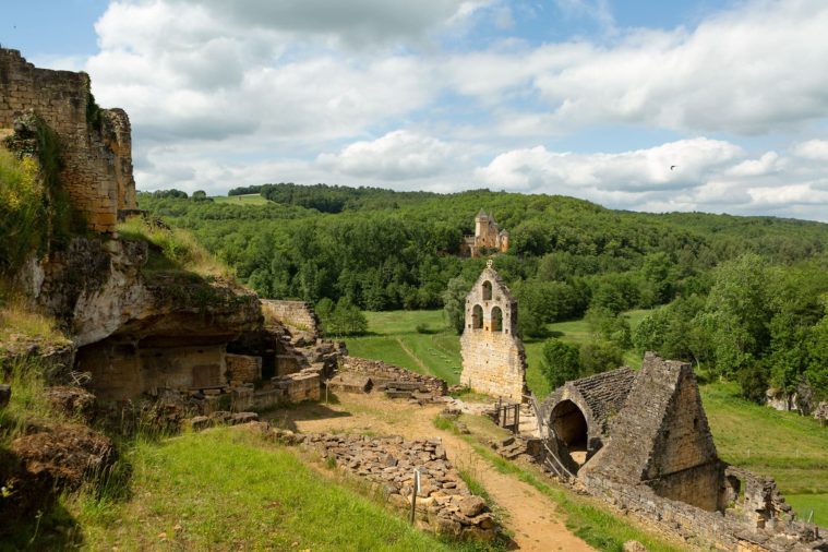 Landscape photograph of the ruins of a castle and church with woods behind
