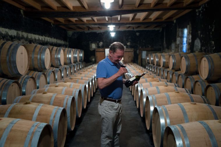 Man smells a glass of wine in the cellar of a commercial wine producer full of barrels