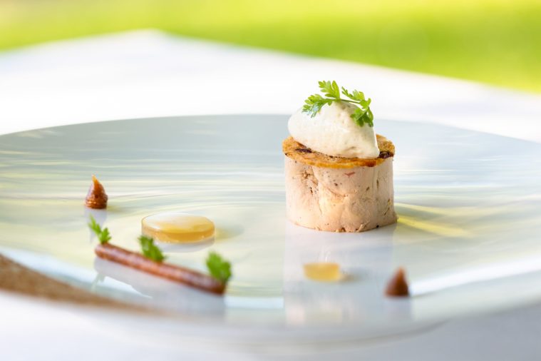 Close-up photograph of gastronomic dish of foie gras with ice cream on top