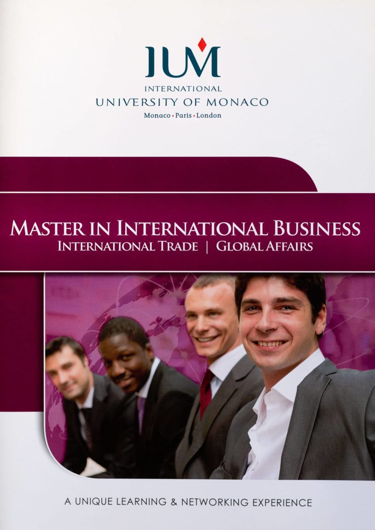 Brochure cover showing a photo of 4 students in suits sitting in a row