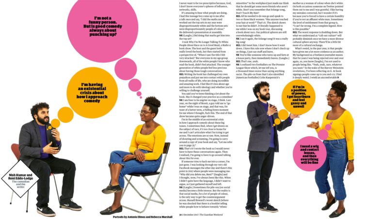 Double page magazine spread showing text and cut-out photographs of a man and a woman talking