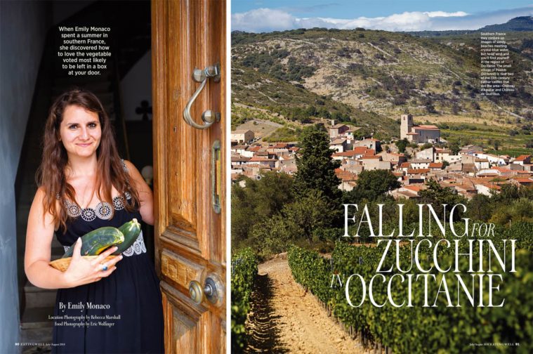 Double page magazine spread showing photographs of a girl holding courgettes and a view of a country village