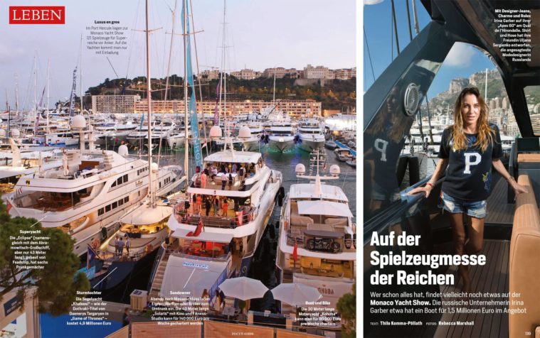 Double page spread showing superyachts in Monaco harbour and a woman posing on a yacht