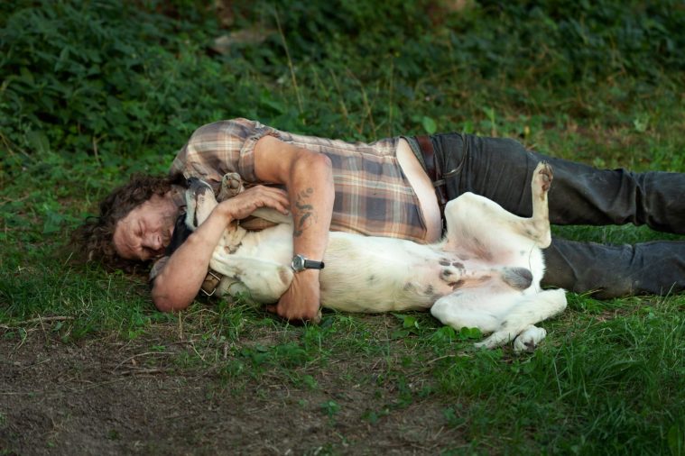 Man lying asleep on the grass with dog in his arms