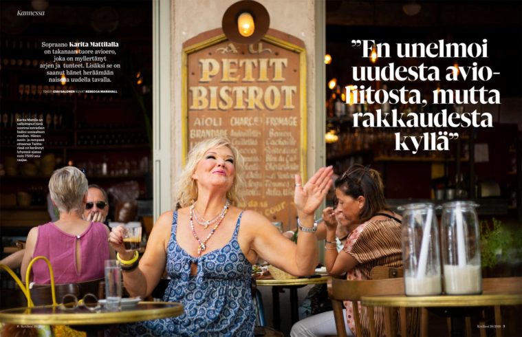 Double page magazine spread showing woman singing on the terrace of a French bistro
