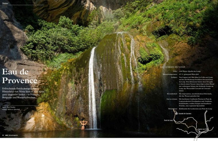 Double page magazine spread showing a girl bathing in a waterfall