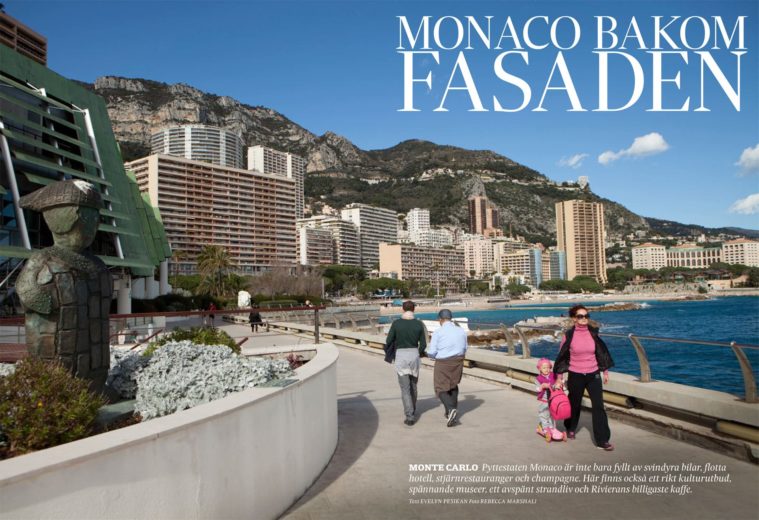 Double page magazine spread showing a street scene in Monaco by the sea