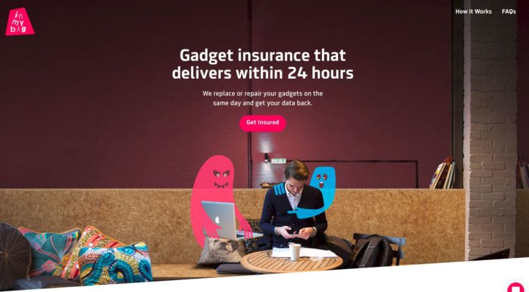 Website screengrab showing a photograph of a man using a laptop with animated figures superimposed
