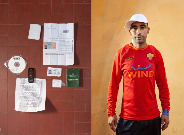 Diptych of two photographs: a portrait of a man standing in front of a yellow wall and a picture of a few personal posessions, papers, phone and a CD, on the ground