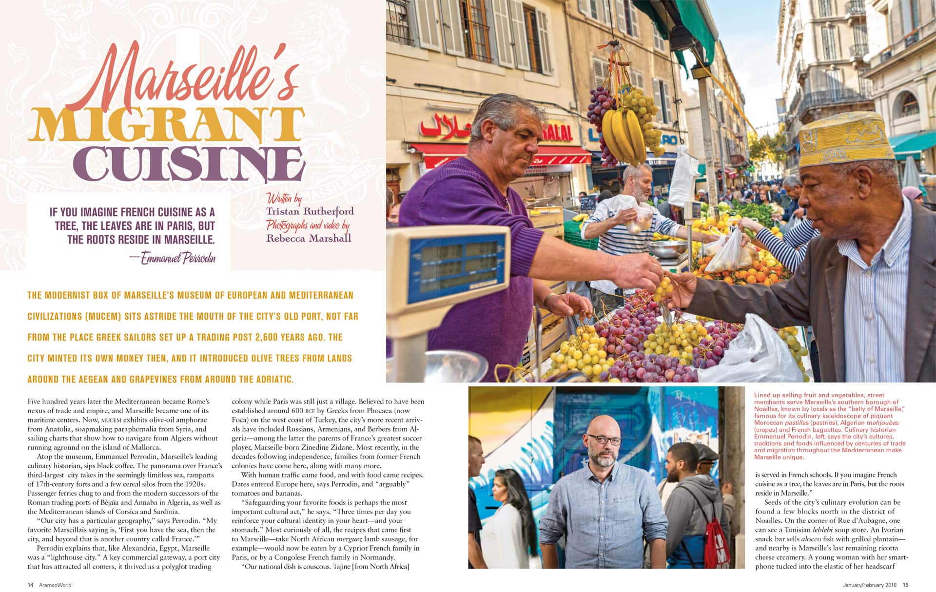 Double page magazien spread showing 2 photographs, one of a market trader selling grapes to a man in a hat, the other a portrait of a man in blue shirt