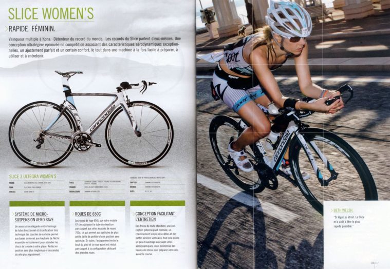 Double page from cycling company brochure showing bike and photograph of cyclist in action
