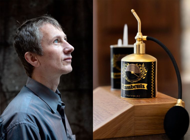 Diptych of two photographs: portrait of a man in profile and close-up of a bottle of perfume