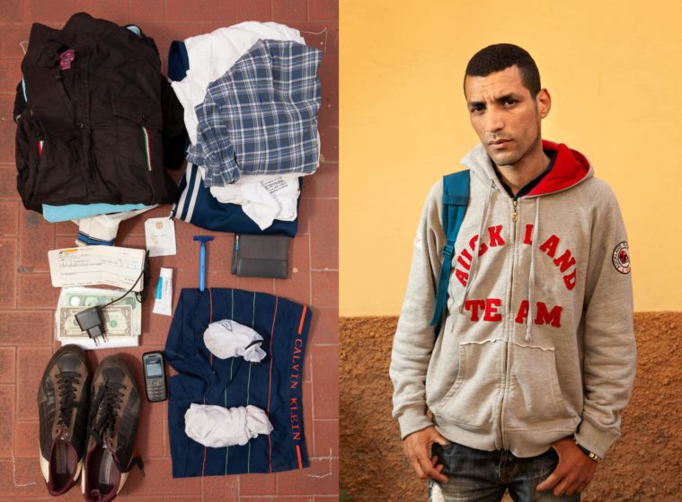 Diptych of two photographs: a portrait of a man standing in front of a yellow wall and a picture of a few personal posessions, clothes, shoes, a razor, phone and a charger, on the ground