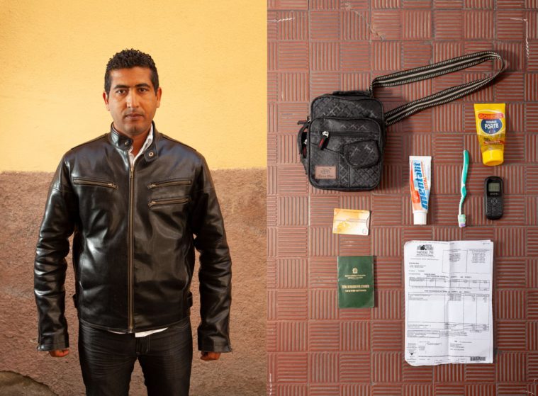 Diptych of two photographs: a portrait of a man standing in front of a yellow wall and a picture of a few personal posessions, a bag, hair gel and a toothbrush, on the ground