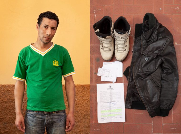 Diptych of two photographs: a portrait of a man standing in front of a yellow wall and a picture of a few personal posessions, papers, boots and a jacket, on the ground