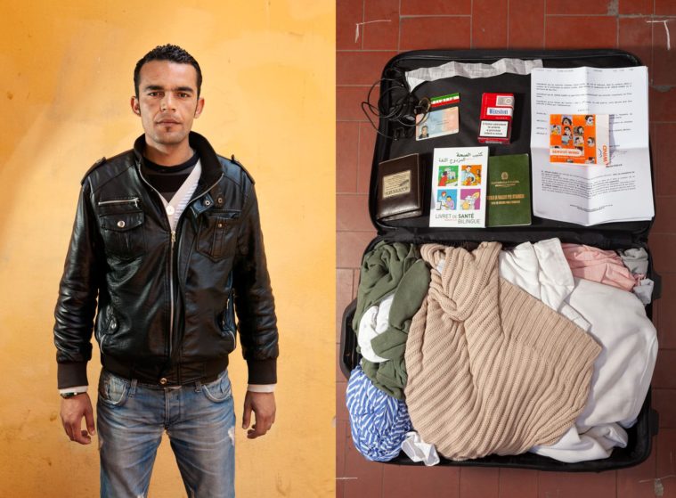 Diptych of two photographs: a portrait of a man standing in front of a yellow wall and a picture of an open suitcase full of personal posessions on the ground