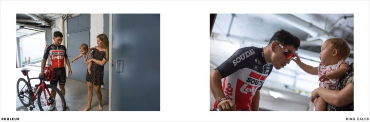 Detail from a magazine spread in article about Caleb Ewan, showing 2 photographs of him wearing cycling clothes and with his wife and baby daughter