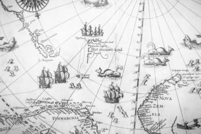 Photograph of sixteenth century black and white map of Spitzbergen and the Arctic Ocean