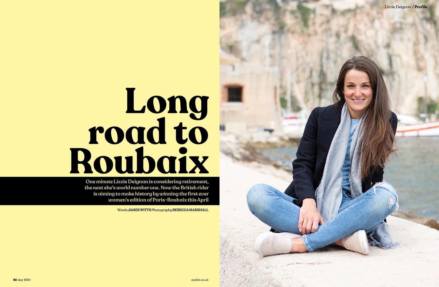 Double page spread from magazine showing portrait of Lizzie Deignan sitting on a wall, right